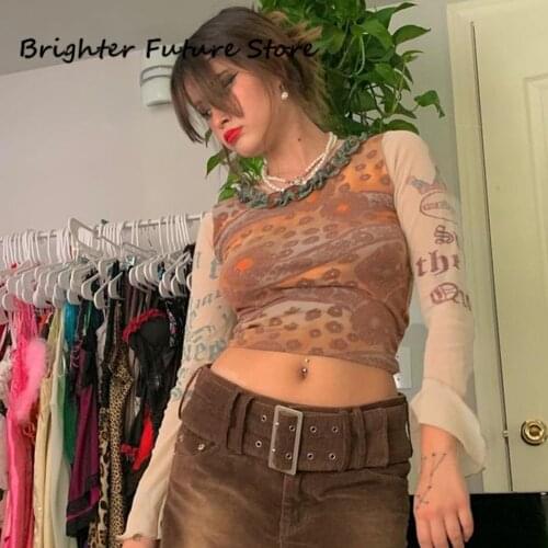 Woman Tshirts Autumn Y2k Gothic Mesh Printed T-Shirts Harry Styles Sexy See Through Crop Top Flare Sleeve Patchwork Harajuku