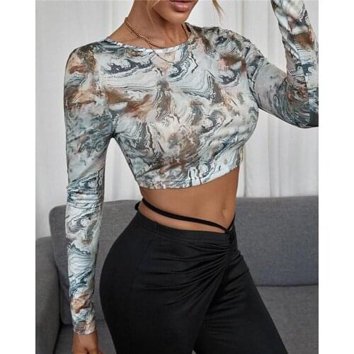 Female T-shirts Round Neck Pullover Navel Tie-Dye Print Short Long Sleeve Harajuku Leisure Y2K Met Cute Tops Blusas Tees Urban