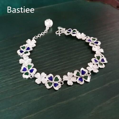 Bastiee 999 Sterling Silver Bracelet For Women Luxury Jewelry Cloisonne Enamel Clover Bracelets Miao Handmade Ethnic Vintage
