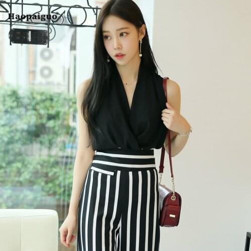 2 Piece Set Women Summer Black V-neck Tank Sleeveless Elegant Office Ladies Top and Black Striped Korean Casual OL Pants Vestido