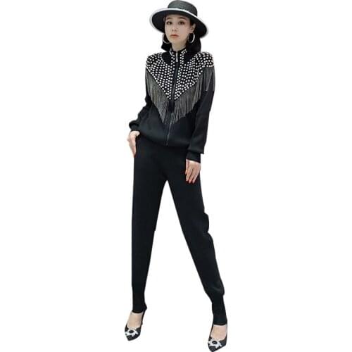 2 piece set 2020 spring Tassel Sweater Set Runway women Long Sleeve Knitted Tops+Trousers Tracksuit women Fashion Two piece set