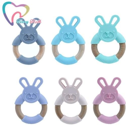 1PC Silicone Bunny Baby Teether Wooden Ring Rattle Toy BPA Free Nursing Accessories Chewable Rabbit Rattle Newborn Shower Gifts