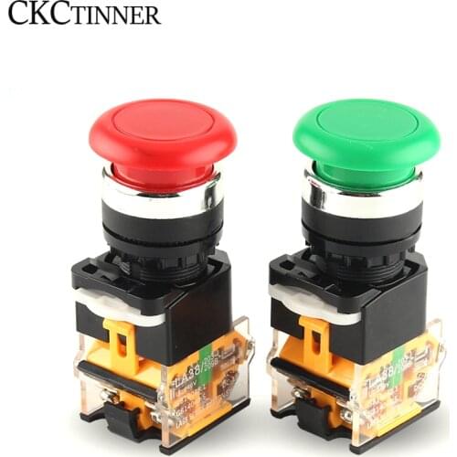 1pcs Installation hole 22mm Mushroom head push button Momentary Maintained Red Green LA38-11M/MZS Self-locking self-reset