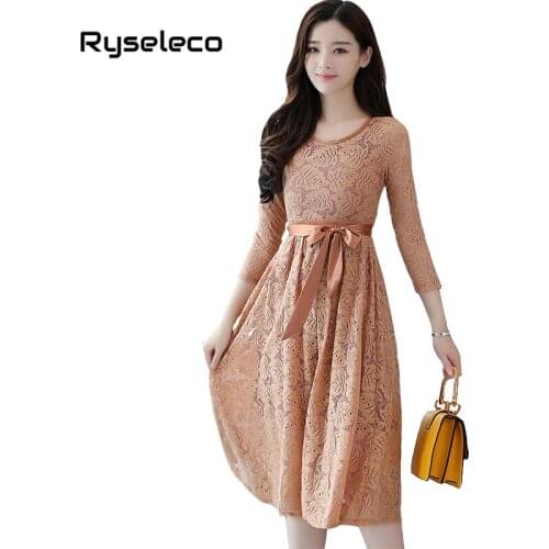 2018 Autumn Fashion Elegant Slim Crochet Floral Lace 3/4 Sleeve Bow Lace Up O-neck Midi Swing Casual Dresses Women OL Clothing