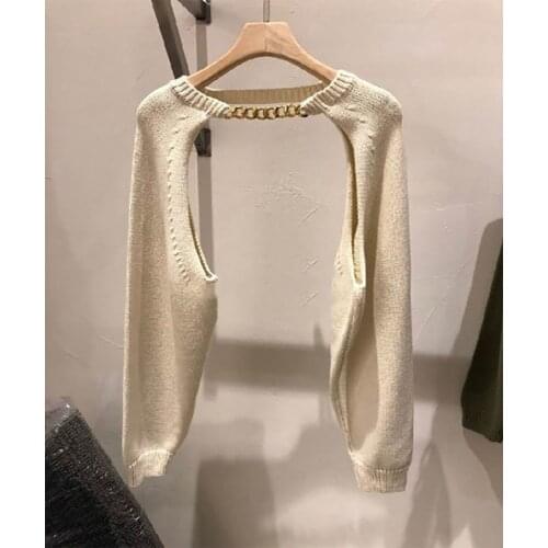 2021 Spring Women Sweater Pullover Korean Patchwork Metal Chain O Neck Solid Long Sleeve Streetwear Wild Knitted Shawl Tops W392