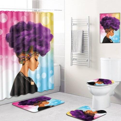 4 Pcs/Set African American Girl Shower Curtain Bath Rug Set Toilet Cover Bath Mat Set Bathroom Accessories Curtains With Hooks