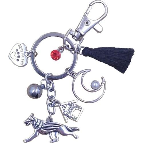 German Shepherd Dog Animal Cute Keychain Key Ring Pet Tassels Vintage Silver Color Bohemian Women Men Male Jewelry Gift K060