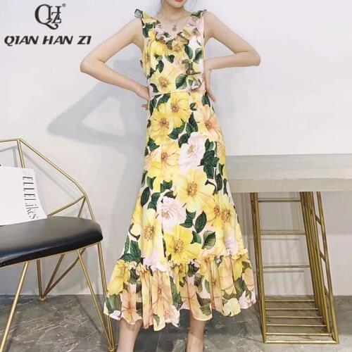 Qian Han Zi designer fashion summer dress 2021 V-neck ruffled elegant camellia print midi dress Dresses for women