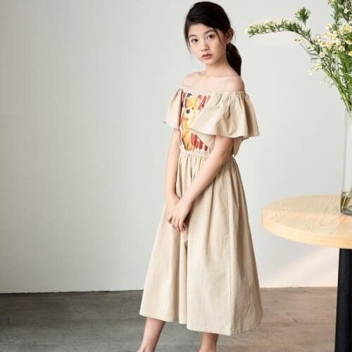 10 12 years Girls Elegant Boat Neck Beige Dresses Korean style Cartoon Bear Print Ruffles Sleeve Summer Teenage Girl Clothes