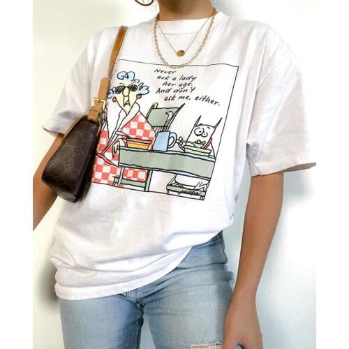 Calelinka American Vintage Cartoon Printed Funny White Shirts Plus Size 80s 90s Aesthetic Graphic Tees Loose Summer O Neck Tops