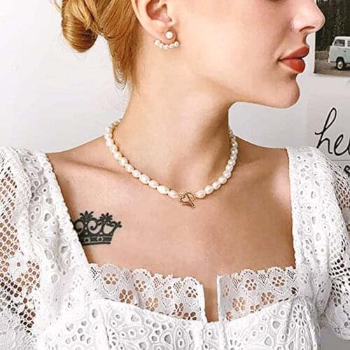 HENGSHENG Cultured Pearl Choker 7-8.5mm Handpicked Pearls Strand Necklace for Women Jewelry Gold Love Heart Clasp