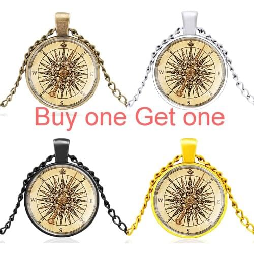 Classic Vintage Compass Design Glass Cabochon Men Women Charm Pendant Necklace Jewelry Gifts