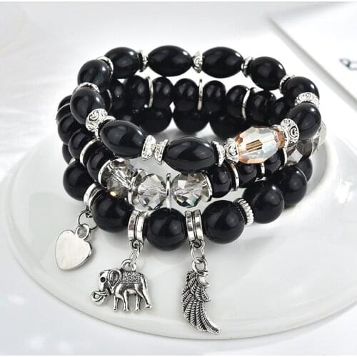Korean Charms Bracelet Heart Wing Elephant Pendant Bracelets For Women Multi-layer Bead Elastic Bracelets & Bangles Jewelry S212