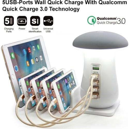 Multifunction Mobile Phone Stand With 5 Ports USB Charger Mushroom LED Lamps Desk Phone Holder for Iphone Samsung