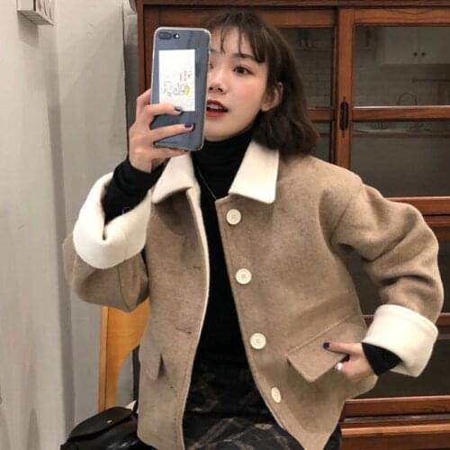 Autumn and winter new style plus cotton thick contrast color doll collar loose short long sleeve woolen coat women