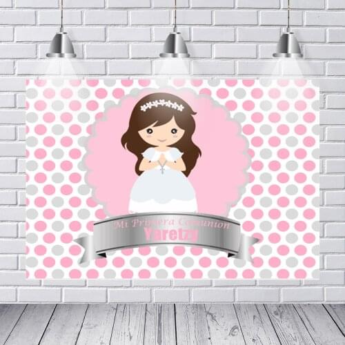 Personalized Silver Pink Girl My First Communion Baptism Mi Bautizo Custom Photo Background Backdrop Background Photography
