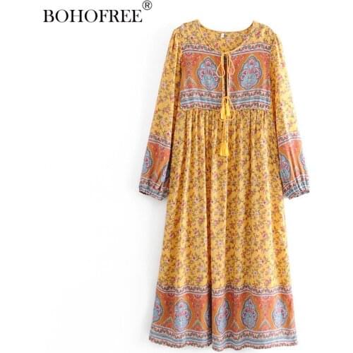 Drop Shipping Folk Dress Floral Print Hippie Robe Tunic Dress Long Sleeve Rayon Cotton Women Vestidos