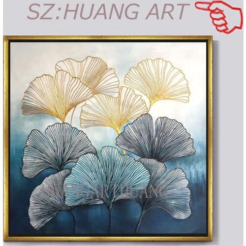 POP modern handmade abstract Blu beautiful gold line leaves oil painting wall pictures on canvas for home decoration no frame