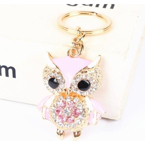 Pink Owl Bird Pendant Charm Rhinestone Crystal Purse Bag Keyring Key Chain Accessories Wedding Party Lover Friend Gift