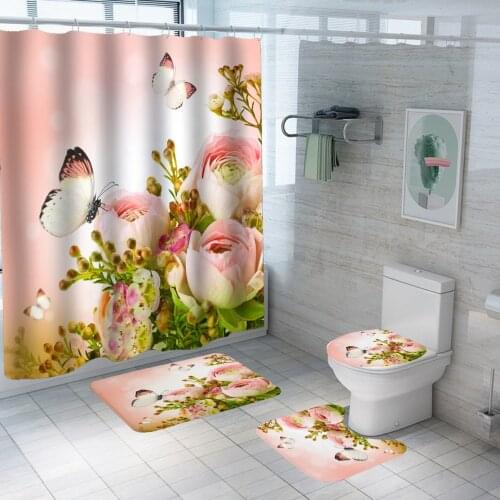 Butterfly Spring Floral Shower Curtains Pink Flowers Butterfly Pattern Modern Rural Scenery Bathroom Curtain Decor 002