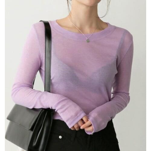 Long Sleeve T-shirt Women Slim Tops Casual Pullover Spring 2020 Violet Round Neck T Close-fitting Korean Female Thin Tshirt