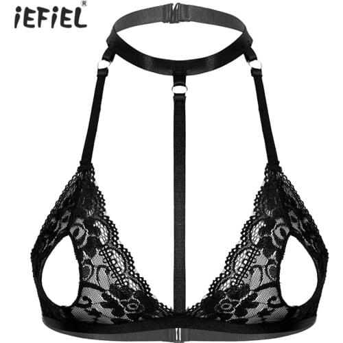 Womens Lace Bra See-through Lace Unlined Wireless Bra Tops Ladies Halter Neck Strappy Hollow Out Lingerie Open Nipples Brassier