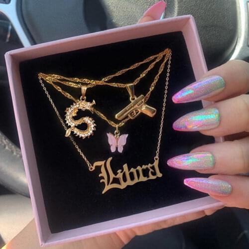 Flatfoosie Multilayer Angel Babygirl Letters Pendant Necklace Women Gold Color Crystal Butterfly Dragon Choker Necklace Jewelry