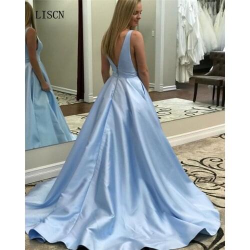 Robe de Soiree Sky Blue V Neck Simple Satin A-line Prom Dress Party Backless Women Formal Gown with Pockets Best Selling Fashion