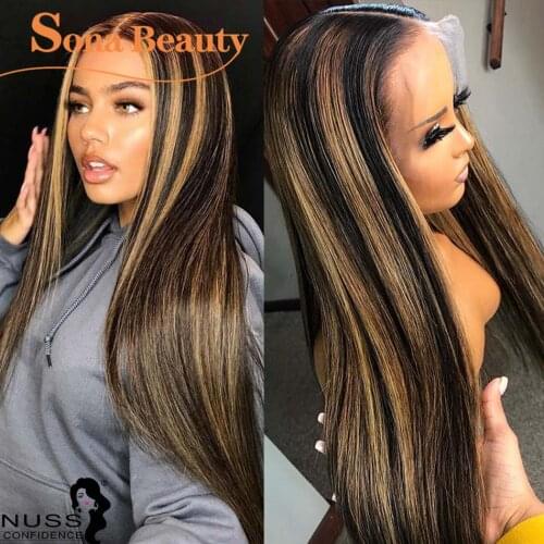 13X4 Highlight Wig #1B/27 Colored Human Hair Wig Ombre Lace Frontal Wig Glueless Highlighted Lace Front Wig Pre Plucked