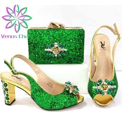 2021 Italian Design African Special Green Color Metal and Platform Style Party Wedding High Heels Women Shoes and BagS Set