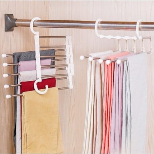 5 Layers Hanger Stainless Steel Storage Pants Hangers Tie Clips Drying Racks Telescopic Pants Rack Double Hanging Hook Save
