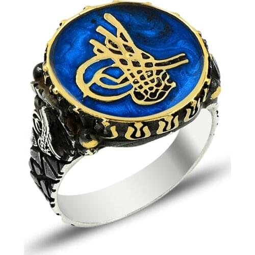 925 Silver Blue Ottoman Tugra Ring for Men Mans Ring