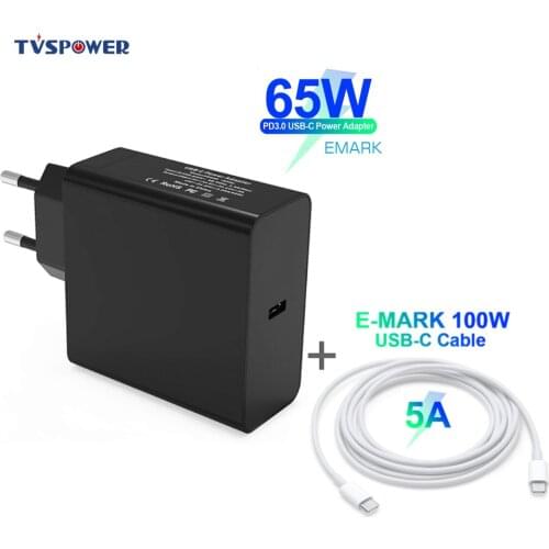 65W 20V 3.25A USB PD Power Laptop Adapter For Macbook iPhone Samsung Xiaomi Type C QC3.0 Fast Charger With E-Mark 100W Cable