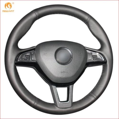 MEWANT Black Genuine Leather Steering Wheel Cover for Skoda Octavia 2017 Fabia 2016 2017 Rapid Spaceback 2016 Superb (3-Spoke)