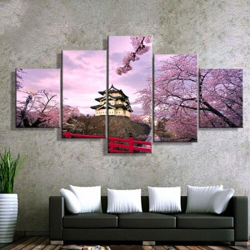 Home Decoration Pictures Vintage 5 Panel Cherry Blossom Japan Framework Paintings On Canvas Posters And Prints On The Wall