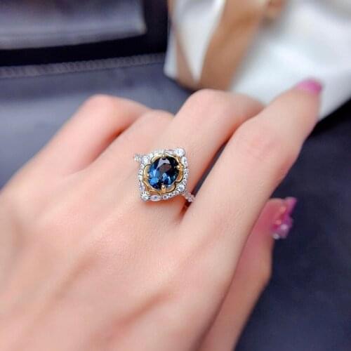 Vintage 925 Silver Topaz Ring for Party 7mm*9mm Natural London Blue Topaz Silver Ring Sterling Silver Topaz Jewelry