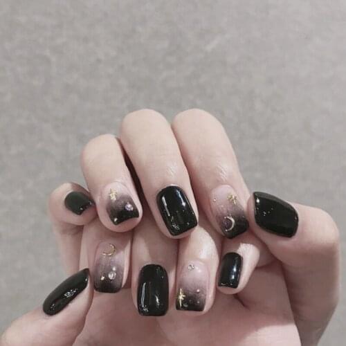 Beautiful black pure color of star and moon theme fake nails Japanese lady full nail tips short size cute false nails french
