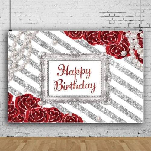 Red Rose Birthday Backdrop for Women Elegant Lady Queen Birthday Party Red Rose Pearl Shining Silver and White Stripes Nostalgia