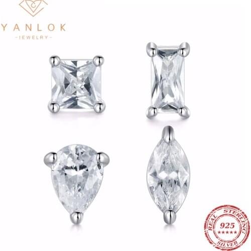 YANLOK Square Rectangle Water Drop Shape Luxury Stud Earrings With Sparkle Clear CZ For Women Wedding Engagement Jewelry