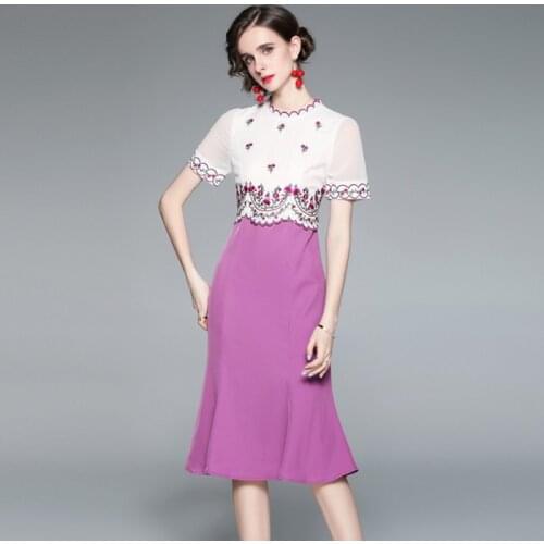 2021 summer Elegant womens high-end light luxury French boutique drape fabric stitching fishtail dress embroidery dress