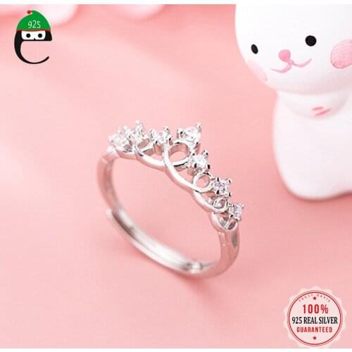 ElfoPlataSi MInimalist Real 925 Sterling Silver Crown Shiny CZ Opening Ring For Women Wedding Party Fine Jewelry Gift DD1269