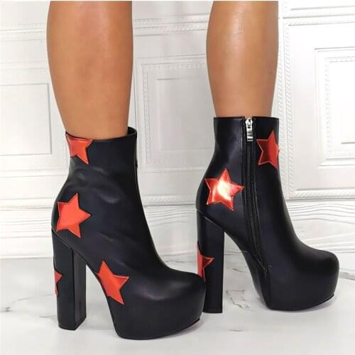 Fashion Women Red Shiny Star Patchwork Ankle Boots Platform Super Chunky Heel Short Boots Zip Up Black Leather Bootie
