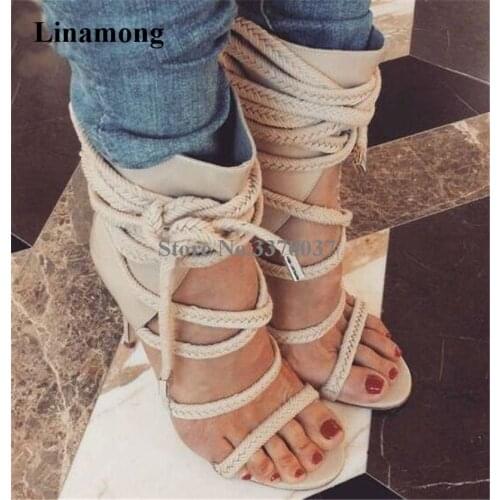 New Fashion Women Open Toe Suede Knotted Straps Cross Thin Heel Short Gladiator Boots Cut-out Ankle Wrap High Heel Ankle Booties