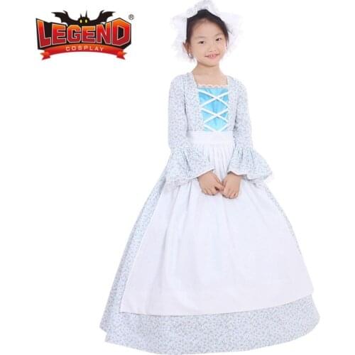 Colonial Girls Dress cosplay costume victorian medieval kids girls dress custom made with hat flower printing dress
