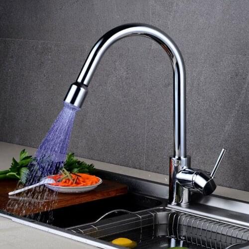 Led Kitchen Faucets Chrome Finish Pull Out Kitchen Tap Single Hole Handle Swivel 360 Degree Water Mixer Tap Silver Single Handle