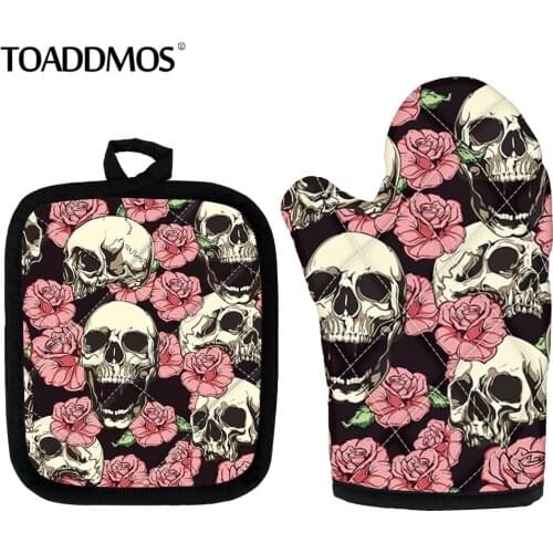 TOADDMOS Funny Skull Rose Design Home Cooking Heat-resistant Glove Microwave BBQ Insulation Mat Kitchen Oven Mitts Pads 2pcs/Set