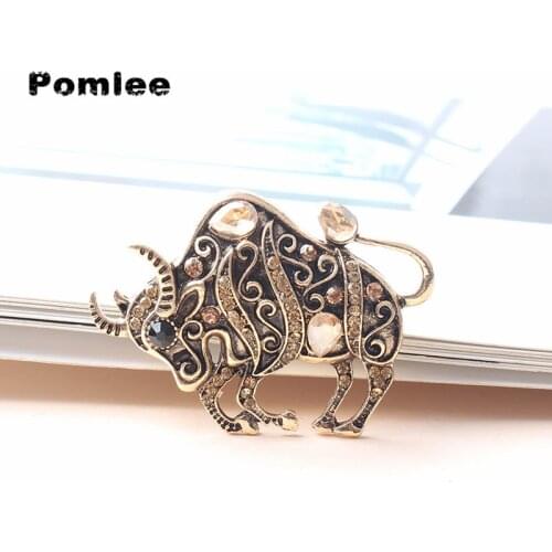 Pomlee New Arrival Rhinestone Chinese Bull Year Brooch Cow Ox Pin Vintage Fashion Jewelry 3 Colors Available Good Gift