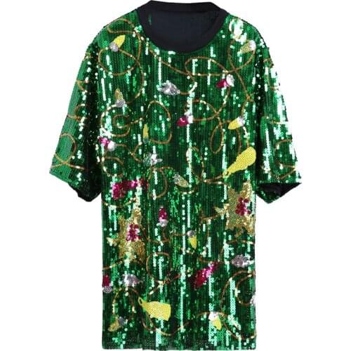 PERHAPS U Women Green Black Blue T-shirt O Neck Short Sleeve Sequined Loose Top Women Summer New B0773