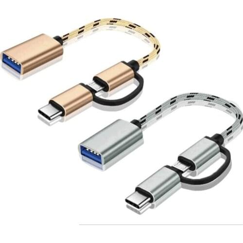 2 IN 1 Metal Braided Micro USB Type C Type-C 3.1 Male to USB 3.0 2.0 Female Adapter USB C OTG Data Sync Connector Cable Cord