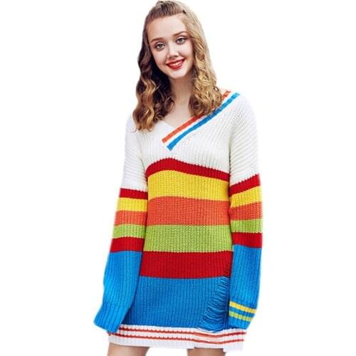 2021 Women Spring Autumn New Sweaters Fashion V-Neck Long Sleeve Pullovers Ladies Sweet Rainbow Striped Loose Knitting Tops Z279